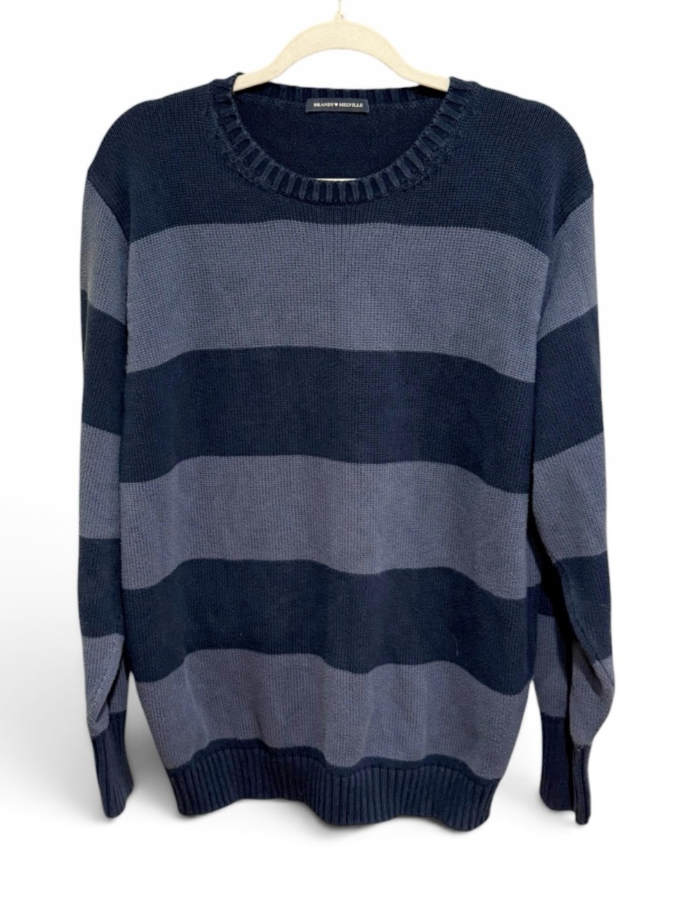 Brandy Melville Navy Blue Wide Stripe Knit Crewneck Sweater Cotton One Size